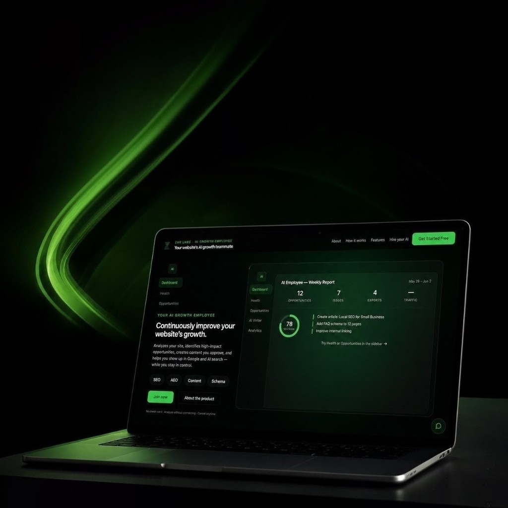 Zar Labs AI Growth Employee dashboard on a laptop — SEO score, weekly report, and growth opportunities