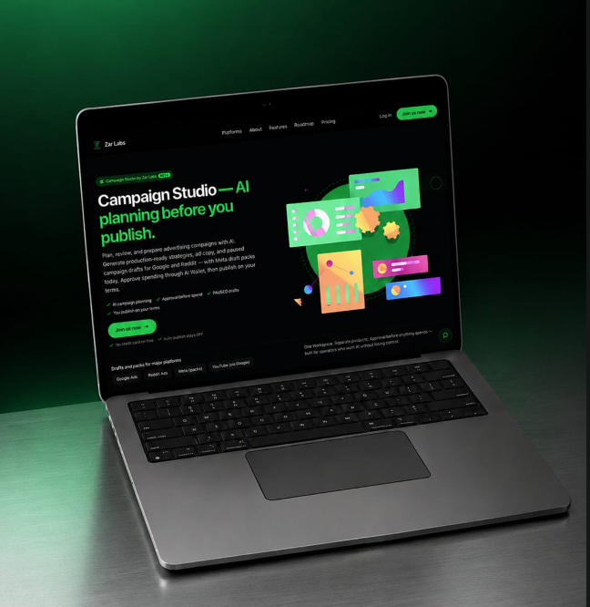 Zar Labs Campaign Studio on a laptop — AI campaign planning, approval before spend, and paused drafts