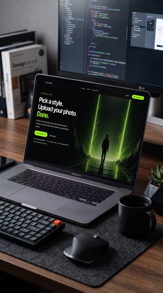 Zar Labs Trending Looks on a laptop — pick a style, upload your photo, AI portraits in seconds